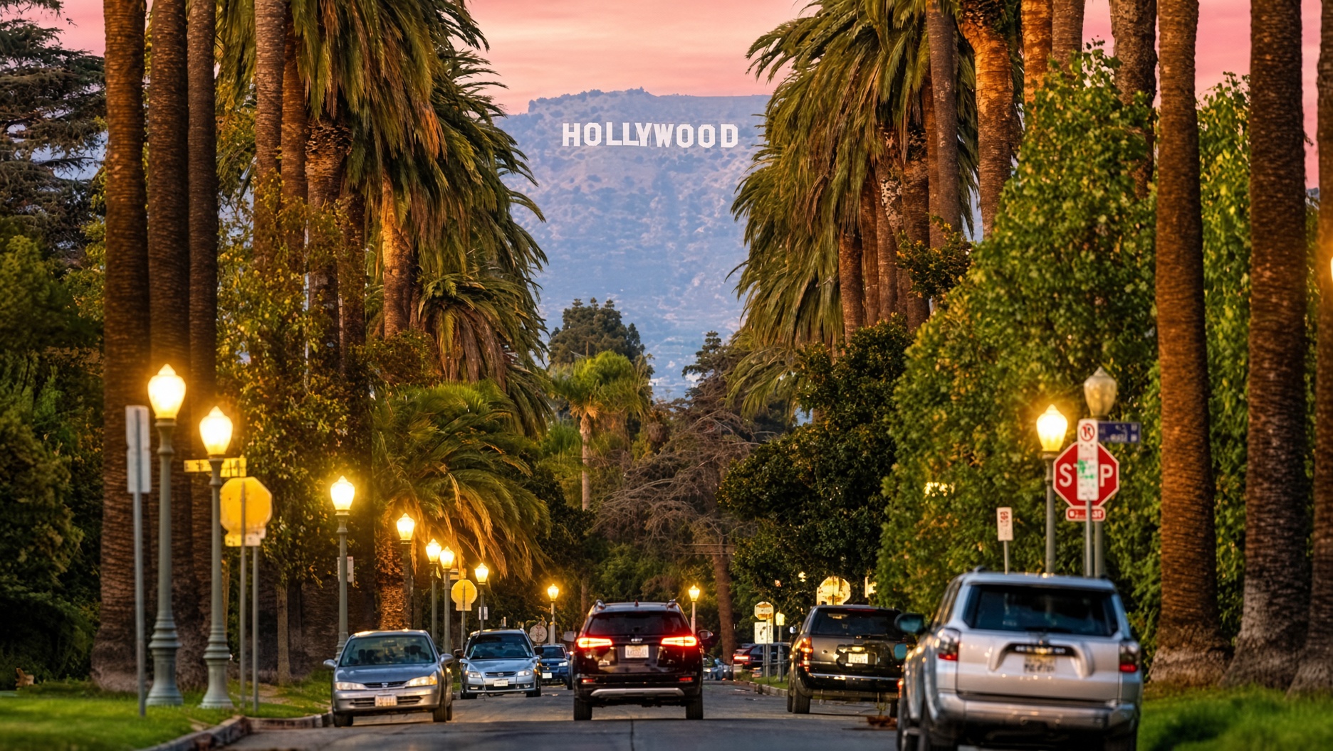 Palm-lined street at dusk leading to the Hollywood sign